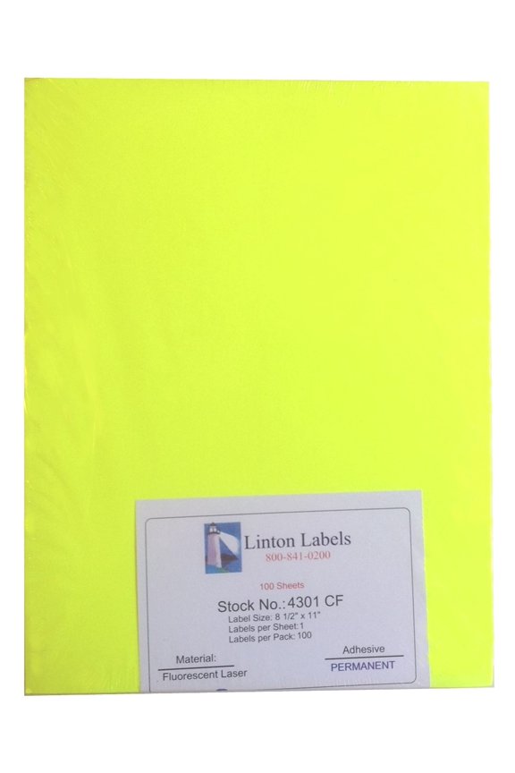 Fluorescent Chartreuse Laser Labels, 8.5" x 11", Full Sheet Label, Permanent Adhesive (4301CF) - 100 Sheets