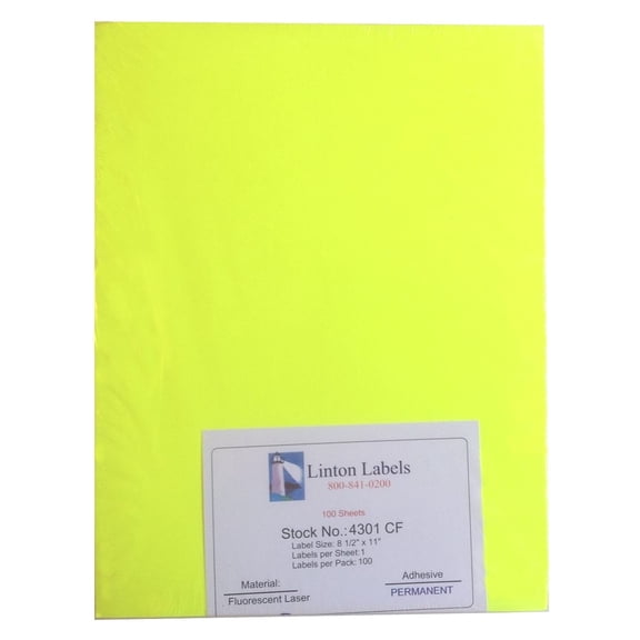 Fluorescent Chartreuse Laser Labels, 8.5" x 11", Full Sheet Label, Permanent Adhesive (4301CF) - 100 Sheets