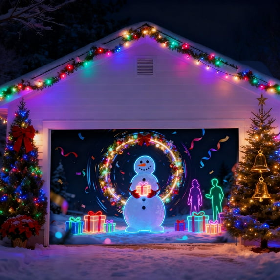 Fluorescent Christmas Door Cover 13x6ft UV Reactive Christmas Garage Door Cover Party Banner with Snowman Design Holiday Outdoor Wall Decor for Xmas Winter Celebrations A