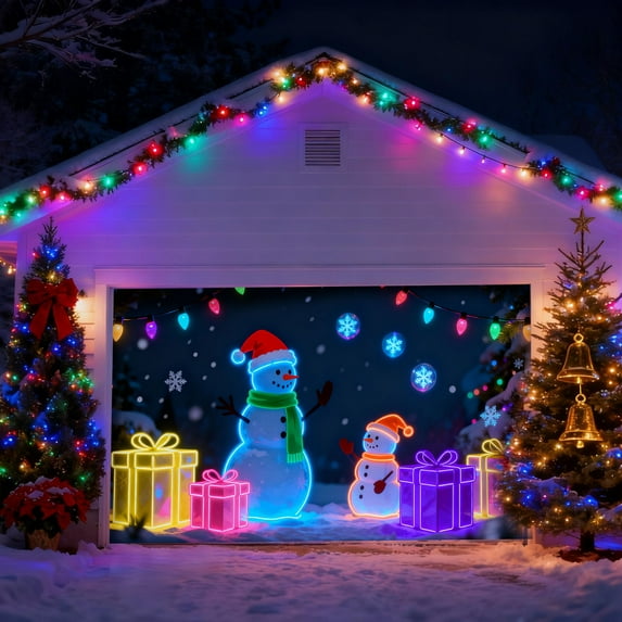 Fluorescent Christmas Door Cover 13x6ft UV Reactive Christmas Garage Door Cover Party Banner with Snowman Design Holiday Outdoor Wall Decor for Xmas Winter Celebrations B