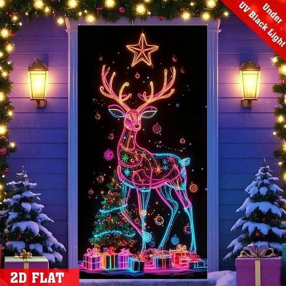 Fluorescent Christmas Door Cover - 35.4x70.8in Santa Claus & Christmas Tree Printed Festive Banner, Durable Polyester Holiday Decoration for Indoor Outdoor Xmas Party Home Front Door