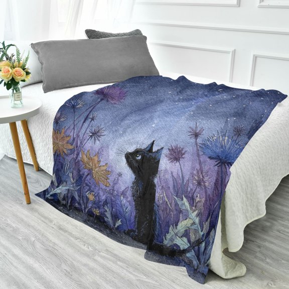 Fluorescent Cover blanket 70x55 inch frannel blanket Office nap blanket Camping blanket Bedding travel blanket Glow blanket Watercolor Black Cat