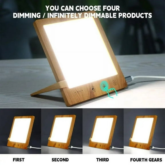 Fluorescent Desk Lamp 10000 Lux Bedside Light Lamp UV-Free LED Simulated Sunlight Touch Control with Wood Color Plastic