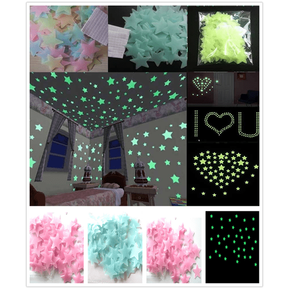 Fluorescent Glow 100PC Dark Bedroom Wall Stickers Kids Home, 3x3 cm, Pink