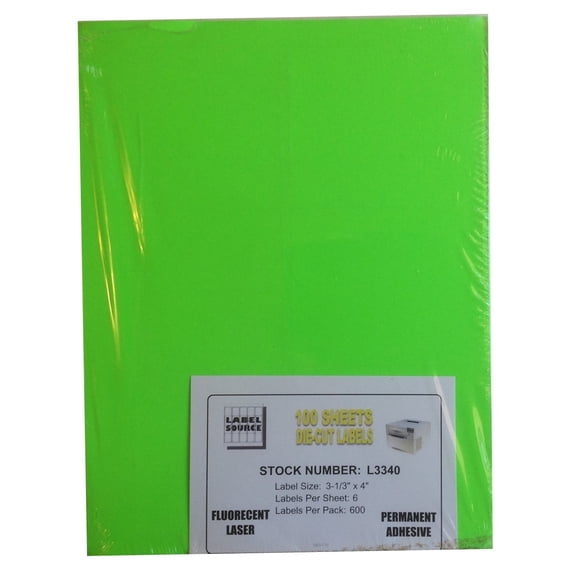 Fluorescent Green Laser Labels, 3-1/3" x 4", 6-UP on 8.5" x 11" Sheet, Permanent Adhesive (L3340-GF) - 100 Sheets