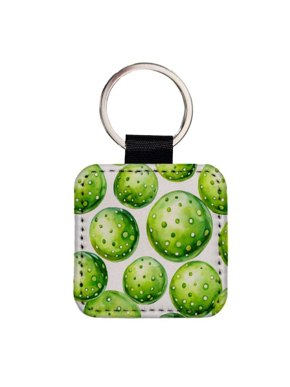 Fluorescent Green Pickleballs Faux Leather Square Keychain