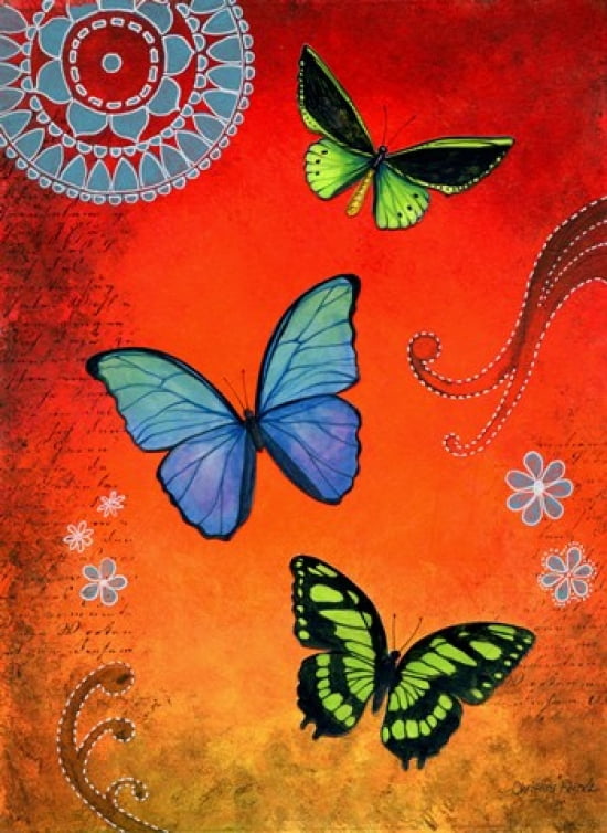 Fluorescent Green and Blue Butterflies Canvas Art - Christine Kerrick (19 x 25)