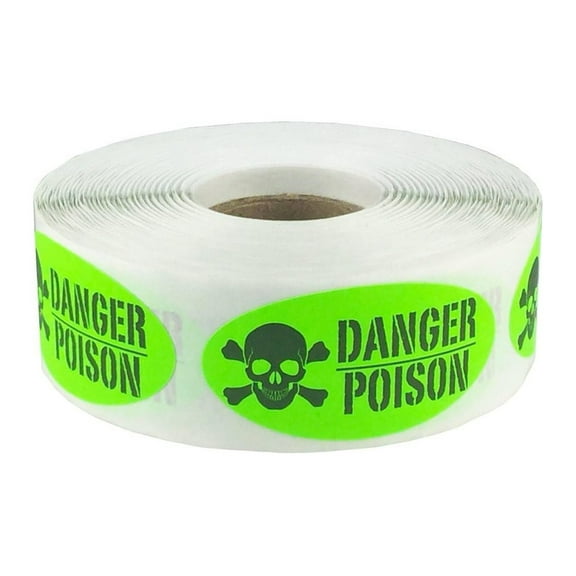 Fluorescent Green with Black Danger Poison Medical Oval Shaped Stickers, 2 x 1 Inch in Size, 500 Labels on a Roll