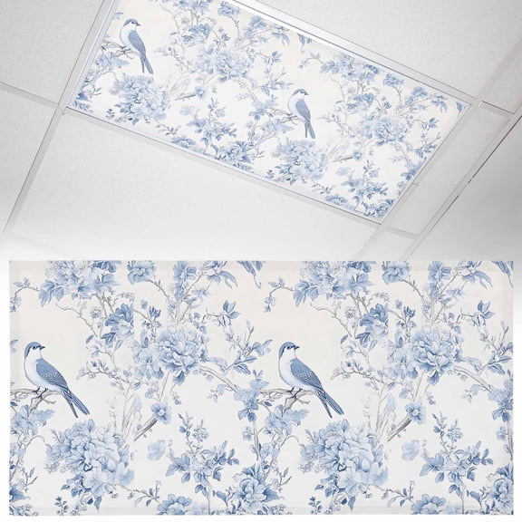 Fluorescent Light Covers 1 Pack 4x2 ft Blue Flower Ceiling Light Covers Tree Branch Birds Light Filters for Classroom, Office & Home, Drop Ceiling Light Covers