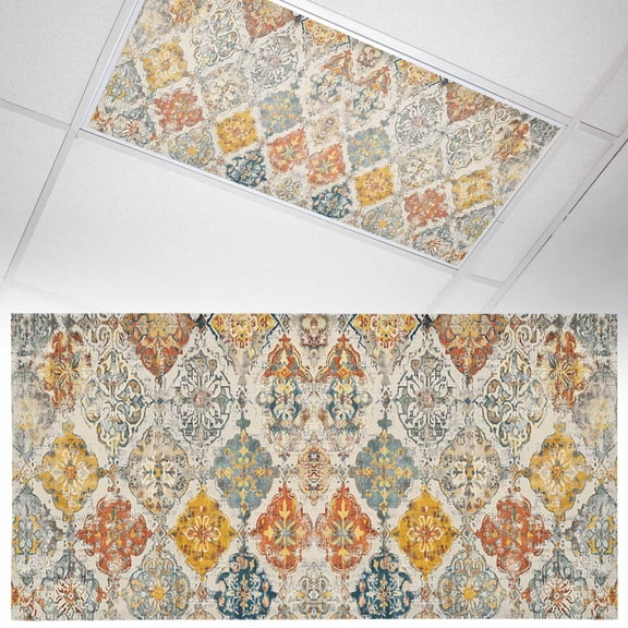 Fluorescent Light Covers 1 Pack 4x2 ft Bohemian Abstract Flowers Ceiling Light Covers Vintage Ethnic Texture Light Filters for Classroom, Office & Home, Drop Ceiling Light Covers