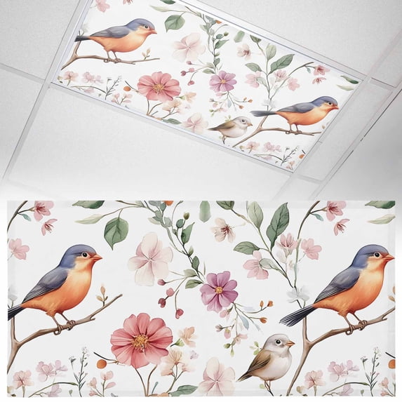 Fluorescent Light Covers 1 Pack 4x2 ft Floral Bird Ceiling Light Covers Watercolor Spring Flower Light Filters for Classroom, Office & Home, Drop Ceiling Light Covers