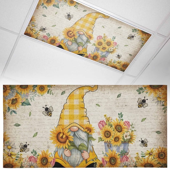 Fluorescent Light Covers 1 Pack 4x2 ft Gnome Sunflower Yellow Ceiling Light Covers Floral Leaves Retro Light Filters for Classroom, Office & Home, Drop Ceiling Light Covers