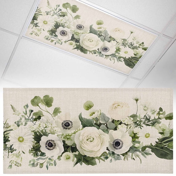 Fluorescent Light Covers 1 Pack 4x2 ft Green Leaf Ceiling Light Covers White Flowers Light Filters for Classroom, Office & Home, Drop Ceiling Light Covers