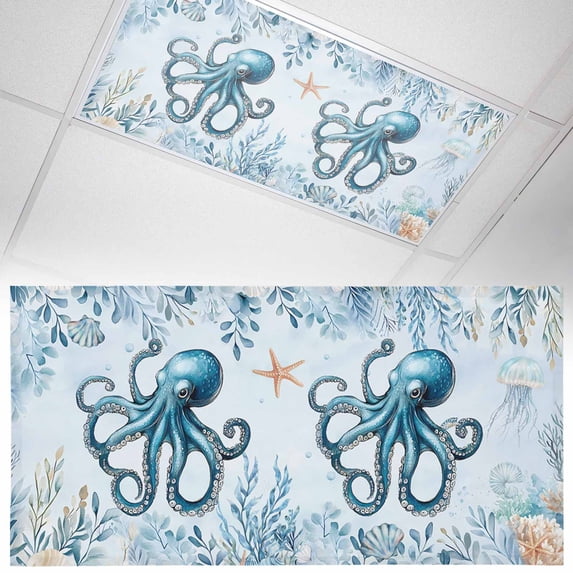 Fluorescent Light Covers 1 Pack 4x2 ft Octopus Ceiling Light Covers Blue Starfish Shell Coral Light Filters for Classroom, Office & Home, Drop Ceiling Light Covers