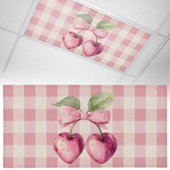 Fluorescent Light Covers 1 Pack 4x2 ft Pink Bow Cherry Ceiling Light Covers Pink Check Light Filters for Classroom, Office & Home, Drop Ceiling Light Covers