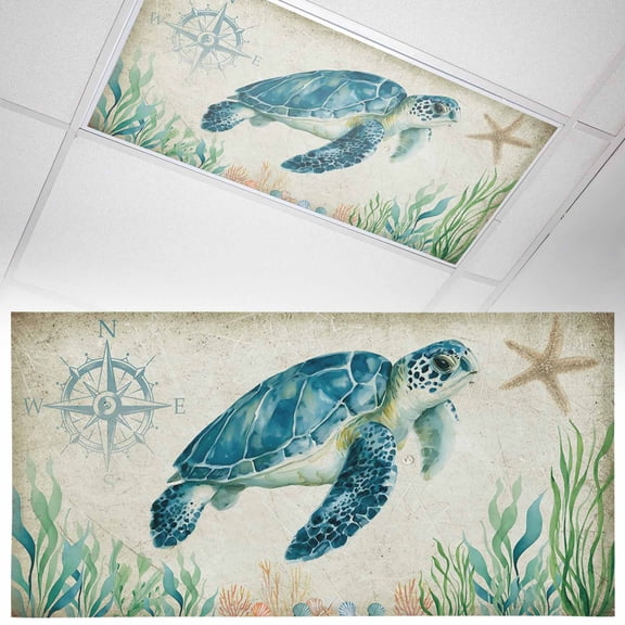 Fluorescent Light Covers 1 Pack 4x2 ft Sea Turtle Ceiling Light Covers Marine Life Compass Starfish Retro Light Filters for Classroom, Office & Home, Drop Ceiling Light Covers