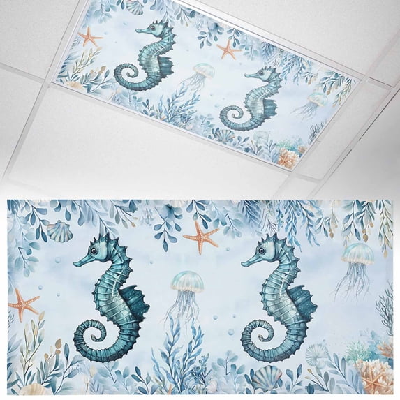 Fluorescent Light Covers 1 Pack 4x2 ft Seahorse Turtle Ceiling Light Covers Fish Shell Coral Light Filters for Classroom, Office & Home, Drop Ceiling Light Covers