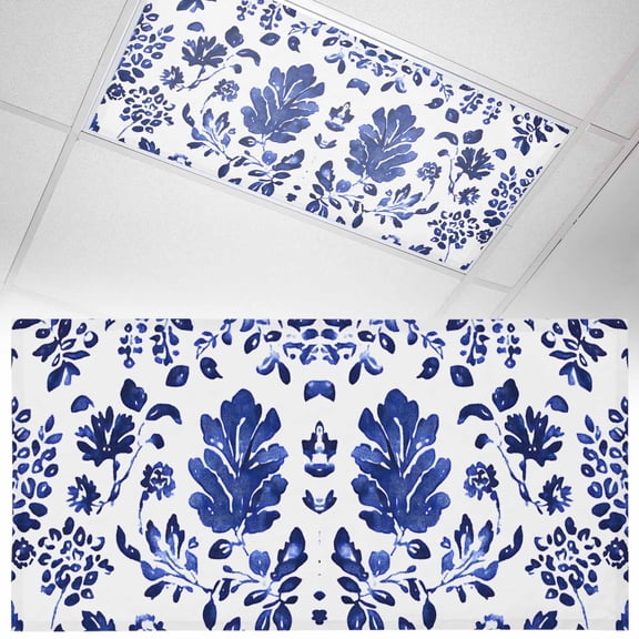 Fluorescent Light Covers 1 Pack 4x2 ft Watercolor Blue Flower Pattern Ceiling Light Covers Retro Style Light Filters for Classroom, Office & Home, Drop Ceiling Light Covers
