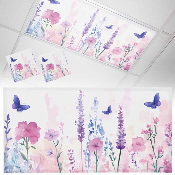 Fluorescent Light Covers 2 Pack 4x2 ft Flower Lavender Ceiling Light Covers Blue Butterfly Light Filters for Classroom, Office & Home, Drop Ceiling Light Covers