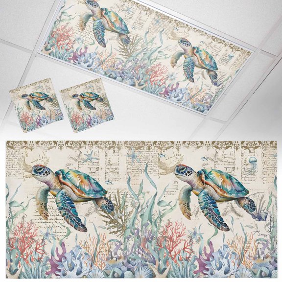 Fluorescent Light Covers 2 Pack 4x2 ft Ocean Blue Turtle Coral Ceiling Light Covers Seaweed Retro Light Filters for Classroom, Office & Home, Drop Ceiling Light Covers