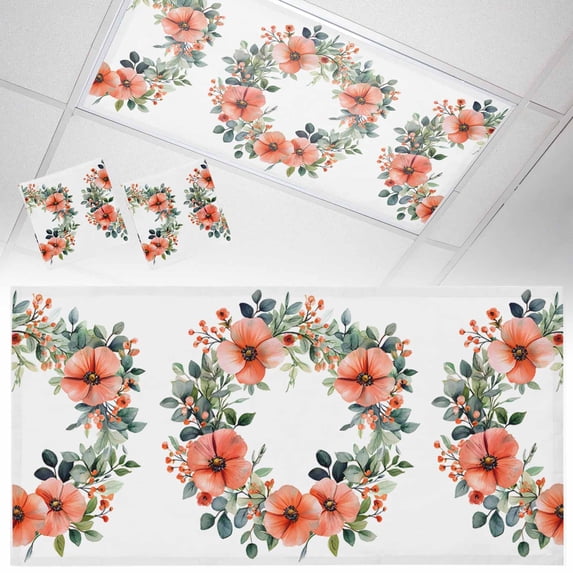 Fluorescent Light Covers 2 Pack 4x2 ft Orange Flower Bud Ceiling Light Covers Watercolor Floral Light Filters for Classroom, Office & Home, Drop Ceiling Light Covers