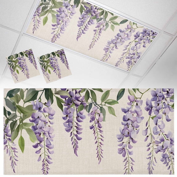 Fluorescent Light Covers 2 Pack 4x2 ft Purple Flower Green Leaves Ceiling Light Covers Retro Style Light Filters for Classroom, Office & Home, Drop Ceiling Light Covers