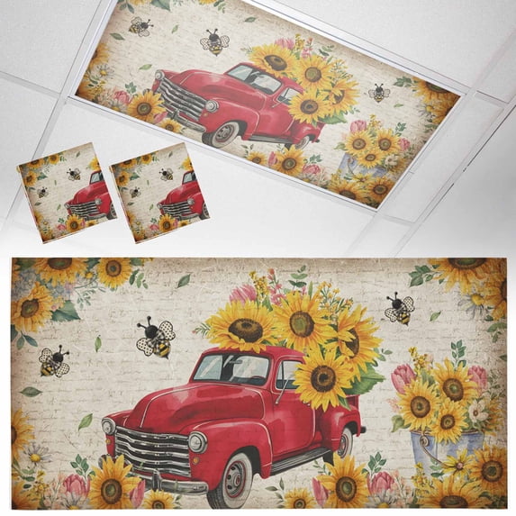 Fluorescent Light Covers 2 Pack 4x2 ft Sunflower Red Truck Ceiling Light Covers Floral Leaves Vintage Light Filters for Classroom, Office & Home, Drop Ceiling Light Covers