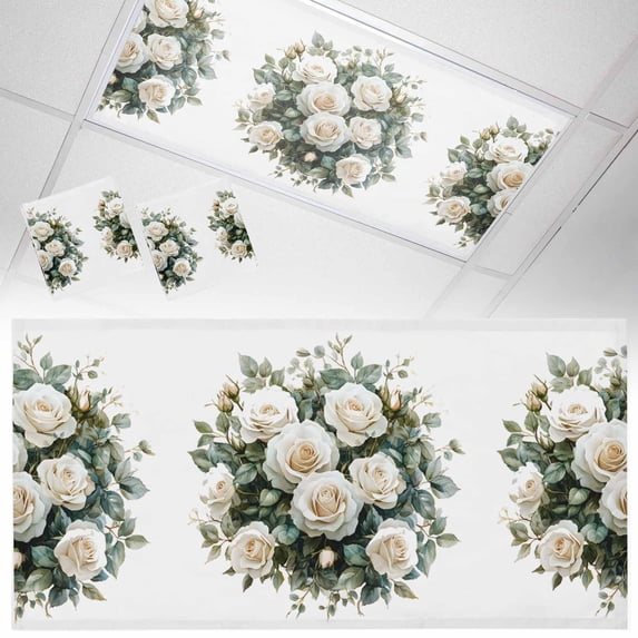 Fluorescent Light Covers 2 Pack 4x2 ft White Roses Ceiling Light Covers Watercolor Flowers Light Filters for Classroom, Office & Home, Drop Ceiling Light Covers