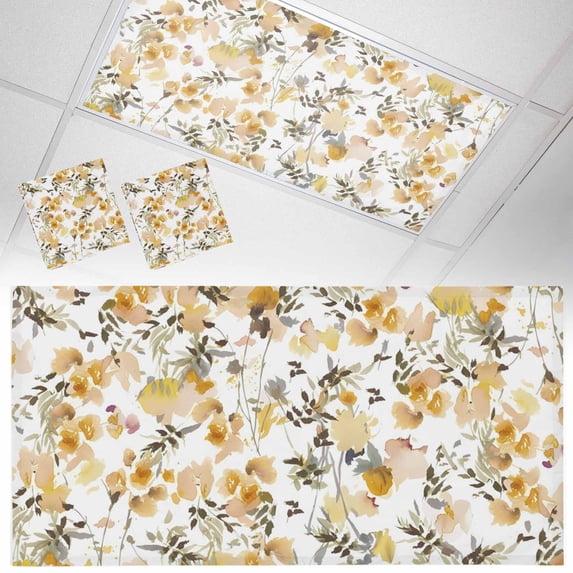 Fluorescent Light Covers 2 Pack 4x2 ft Yellow Flowers Leaves Ceiling Light Covers Watercolor Floral Plant Light Filters for Classroom, Office & Home, Drop Ceiling Light Covers