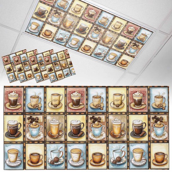 Fluorescent Light Covers 4 Pack 4x2 ft Coffee Theme Ceiling Light Covers Retro Splicing Art Light Filters for Classroom, Office & Home, Drop Ceiling Light Covers