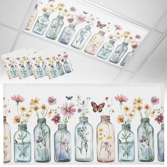 Fluorescent Light Covers 4 Pack 4x2 ft Floral Vase Ceiling Light Covers Butterfly Wildflower Light Filters for Classroom, Office & Home, Drop Ceiling Light Covers