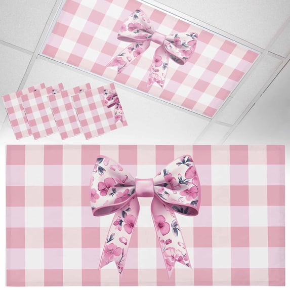 Fluorescent Light Covers 4 Pack 4x2 ft Flower Bow Ceiling Light Covers Pink Check Light Filters for Classroom, Office & Home, Drop Ceiling Light Covers