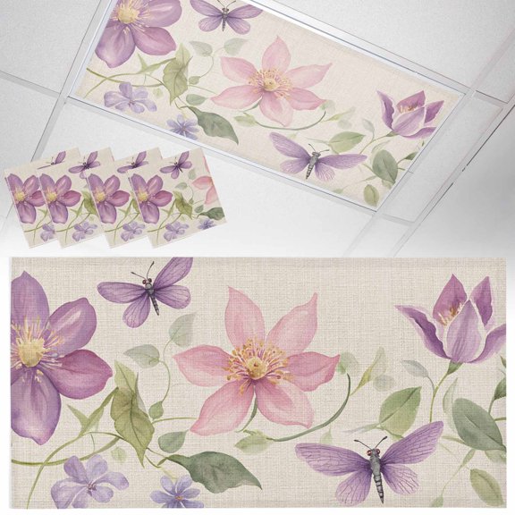Fluorescent Light Covers 4 Pack 4x2 ft Flowers Purple Butterfly Ceiling Light Covers Linen Background Light Filters for Classroom, Office & Home, Drop Ceiling Light Covers