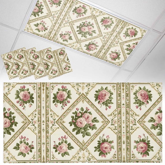 Fluorescent Light Covers 4 Pack 4x2 ft Pink Rose Ceiling Light Covers Retro Rhombus Light Filters for Classroom, Office & Home, Drop Ceiling Light Covers