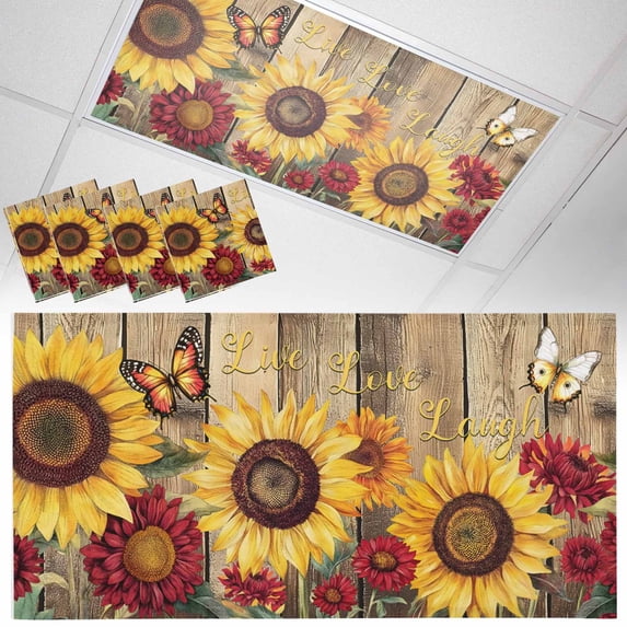 Fluorescent Light Covers 4 Pack 4x2 ft Yellow Red Sunflower Butterfly Ceiling Light Covers Floral Wood Grain Light Filters for Classroom, Office & Home, Drop Ceiling Light Covers