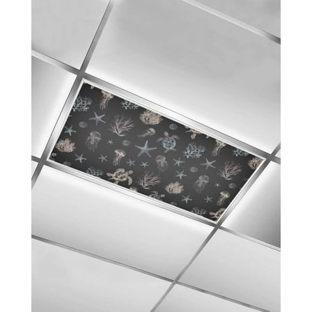 Fluorescent Light Covers for Ceiling Lights 1 Pack, Black Coastal Magnetic Ceiling Light Covers 2x4ft for Classroom Office School, Nautical Summer Beach Sea Turtle Starfish Drop Ceiling Light Shade