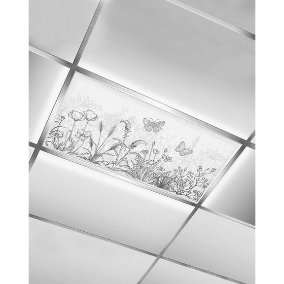 Fluorescent Light Covers for Ceiling Lights 1 Pack, Black Spring Floral Magnetic Ceiling Light Covers 2x4ft for Classroom Office School, Summer Botanical Butterfly Modern Drop Ceiling Light Shade