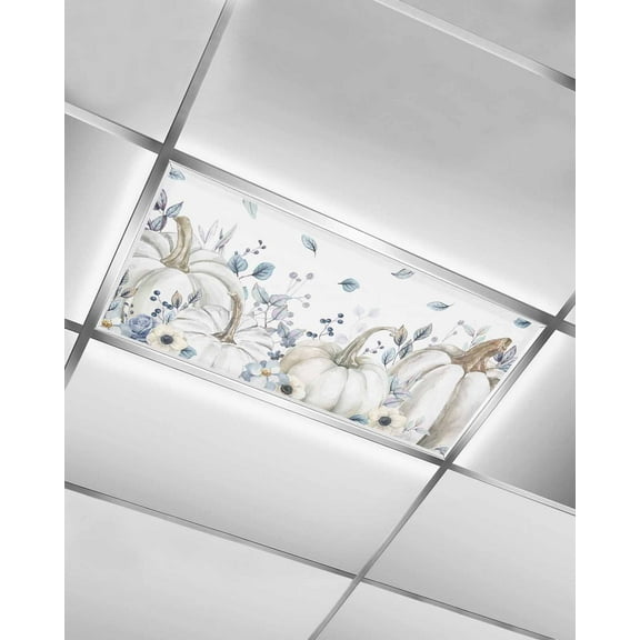 Fluorescent Light Covers for Ceiling Lights 1 Pack, Blue Botanical Fall Magnetic Ceiling Light Covers 2x4ft for Classroom Office School, White Pumpkins Thanksgiving Overhead Drop Ceiling Light Shade