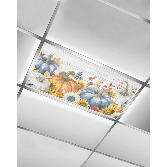 Fluorescent Light Covers for Ceiling Lights 1 Pack, Blue Orange Fall Magnetic Ceiling Light Covers 2x4ft for Classroom Office School, Thanksgiving Sunflower Maple Leaf Drop Ceiling Light Shade