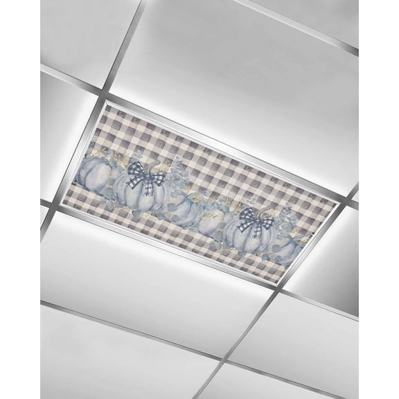Fluorescent Light Covers for Ceiling Lights 1 Pack, Blue Pumpkins Fall Thanksgiving Magnetic Ceiling Light Covers 2x4ft for Classroom Office School, Black Plaid Rustic Drop Ceiling Light Shade