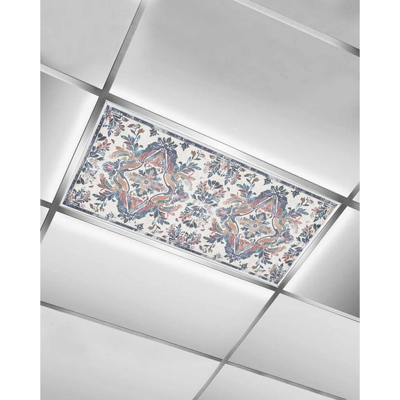 Fluorescent Light Covers for Ceiling Lights 1 Pack,Boho Navy Blue Magnetic Ceiling Light Covers 2x4ft for Classroom Office School,Vintage Southwestern Geometric Art Overhead Drop Ceiling Light Shade