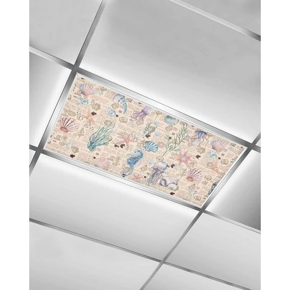 Fluorescent Light Covers for Ceiling Lights 1 Pack, Coastal Beach Magnetic Ceiling Light Covers 2x4ft for Classroom Office School, Nautical Summer Ocean Starfish Coral Drop Ceiling Light Shade