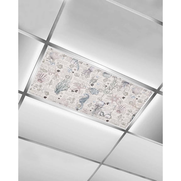 Fluorescent Light Covers for Ceiling Lights 1 Pack, Coastal Beach Magnetic Ceiling Light Covers 2x4ft for Classroom Office School, Nautical Summer Starfish Coral Vintage Drop Ceiling Light Shade