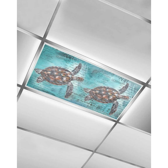 Fluorescent Light Covers for Ceiling Lights 1 Pack, Coastal Sea Turtle Magnetic Ceiling Light Covers 2x4ft for Classroom Office School, Blue Nautical Summer Beach Vintage Drop Ceiling Light Shade