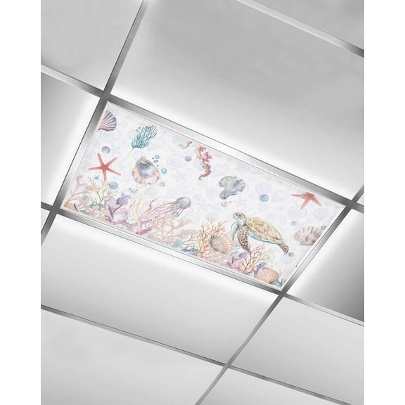 Fluorescent Light Covers for Ceiling Lights 1 Pack, Coastal Sea Turtle Magnetic Ceiling Light Covers 2x4ft for Classroom Office School, Summer Beach Nautical Starfish Coral Drop Ceiling Light Shade