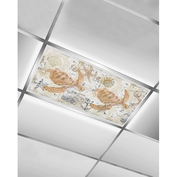 Fluorescent Light Covers for Ceiling Lights 1 Pack, Coastal Sea Turtle Magnetic Ceiling Light Covers 2x4ft for Classroom Office School, Vintage Nautical Summer Beach Starfish Drop Ceiling Light Shade