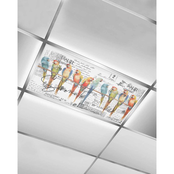 Fluorescent Light Covers for Ceiling Lights 1 Pack, Colorful Birds Magnetic Ceiling Light Covers 2x4ft for Classroom Office School, Vintage Rustic Envelope Postmark Overhead Drop Ceiling Light Shade