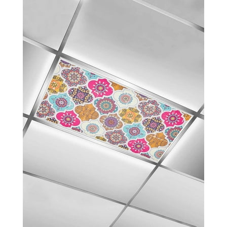 Fluorescent Light Covers for Ceiling Lights 1 Pack, Colorful Geometric Magnetic Ceiling Light Covers 2x4ft for Classroom Office School, Boho Moroccan Vintage Flowers Overhead Drop Ceiling Light Shade