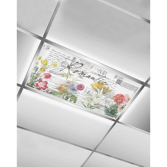 Fluorescent Light Covers for Ceiling Lights 1 Pack, Colorful Spring Floral Magnetic Ceiling Light Covers 2x4ft for Classroom Office School, Summer Flowers Botanical Postmark Drop Ceiling Light Shade