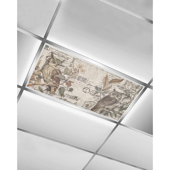 Fluorescent Light Covers for Ceiling Lights 1 Pack, Country Owl Magnetic Ceiling Light Covers 2x4ft for Classroom Office School, Rustic Sping Floral Botanical Postmark Drop Ceiling Light Shade
